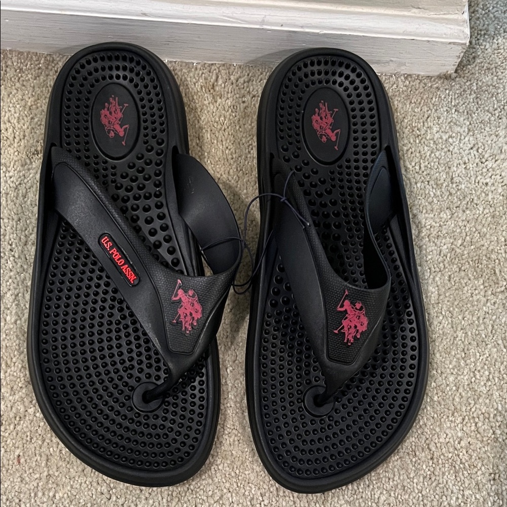 U.S. Polo Assn. Men's Black Flip-Flops with Red Accents